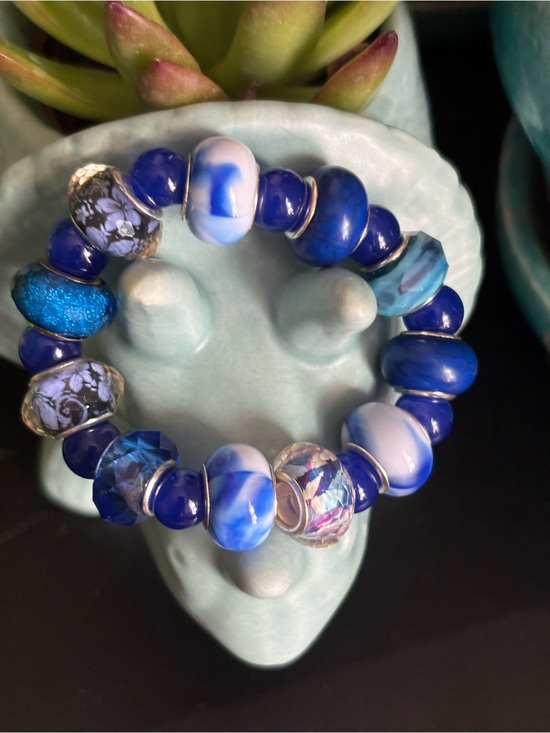 Hand Crafted Jewelry - Hand Crafted Blue & White Glass Bead Stretch Bracelet stretchy